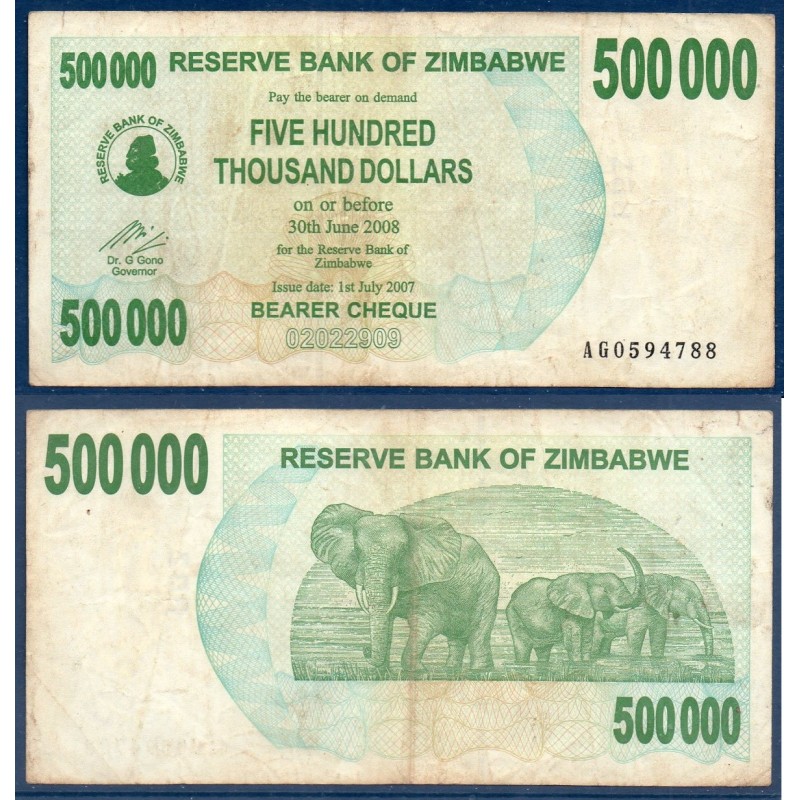 Zimbabwe Pick N51 TB Billet De Banque De 500000 Dollars 2007