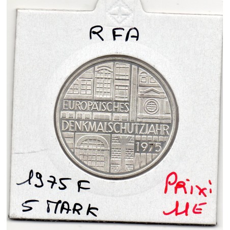 Allemagne RFA 5 deutsche mark 1975 F, Spl KM 142 Monuments Historiques pièce de monnaie