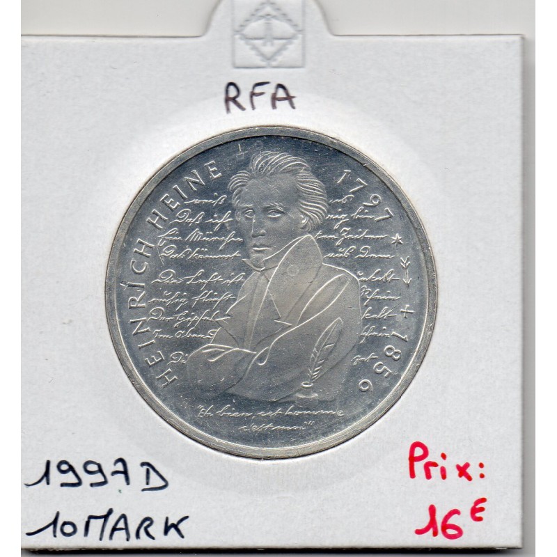 Allemagne RFA 10 deutche mark 1997 D, Sup KM 190 Heinrich Heine pièce de monnaie