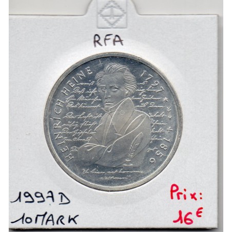 Allemagne RFA 10 deutche mark 1997 D, Sup KM 190 Heinrich Heine pièce de monnaie