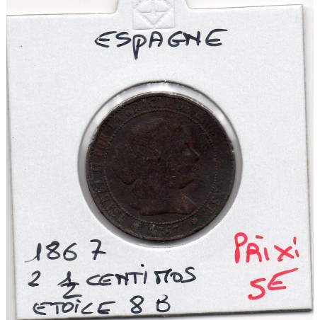 Espagne 2 1/2 centimos étoile 8 branches 1867 TB, KM 634.1 pièce de monnaie