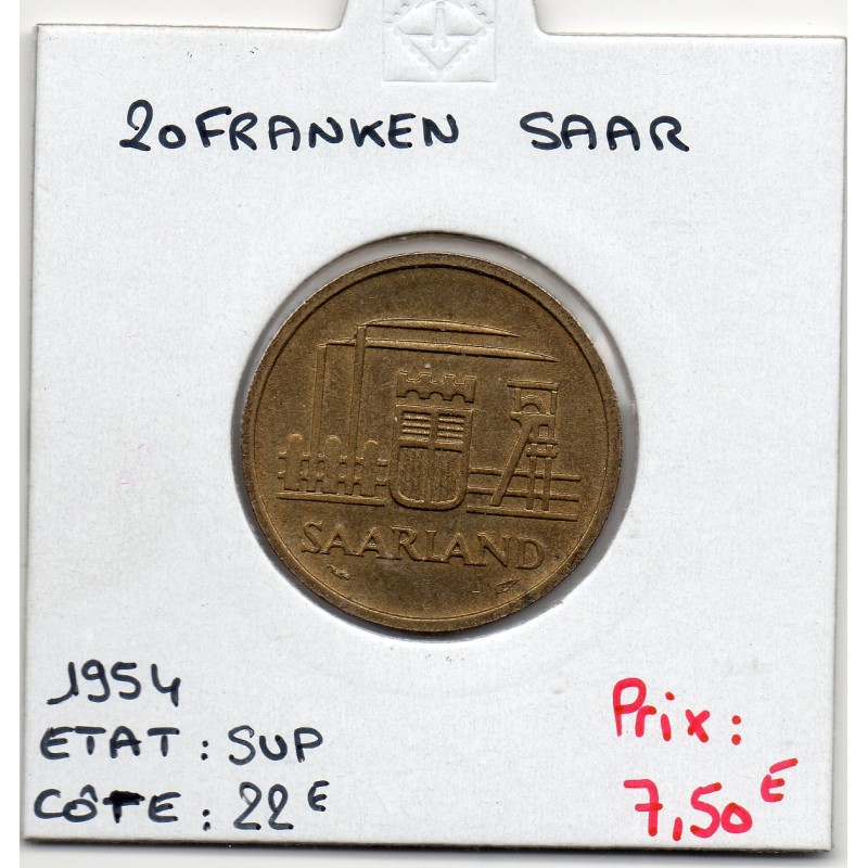 Sarre Saar, 20 franken 1954 Sup, Gad 2 pièce de monnaie