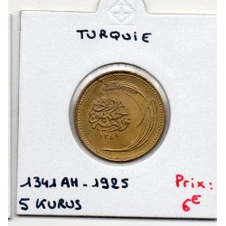 Turquie 5 Kurus 1341AH-1925, TTB+, KM 831 pièce de monnaie