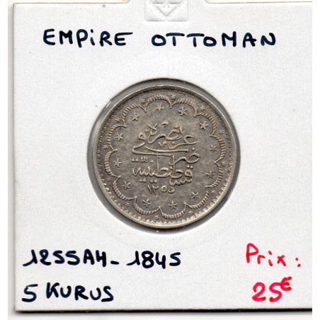 Empire Ottoman 5 Kurus 1255 AH an 7- 1845, Sup, KM 673 pièce de monnaie