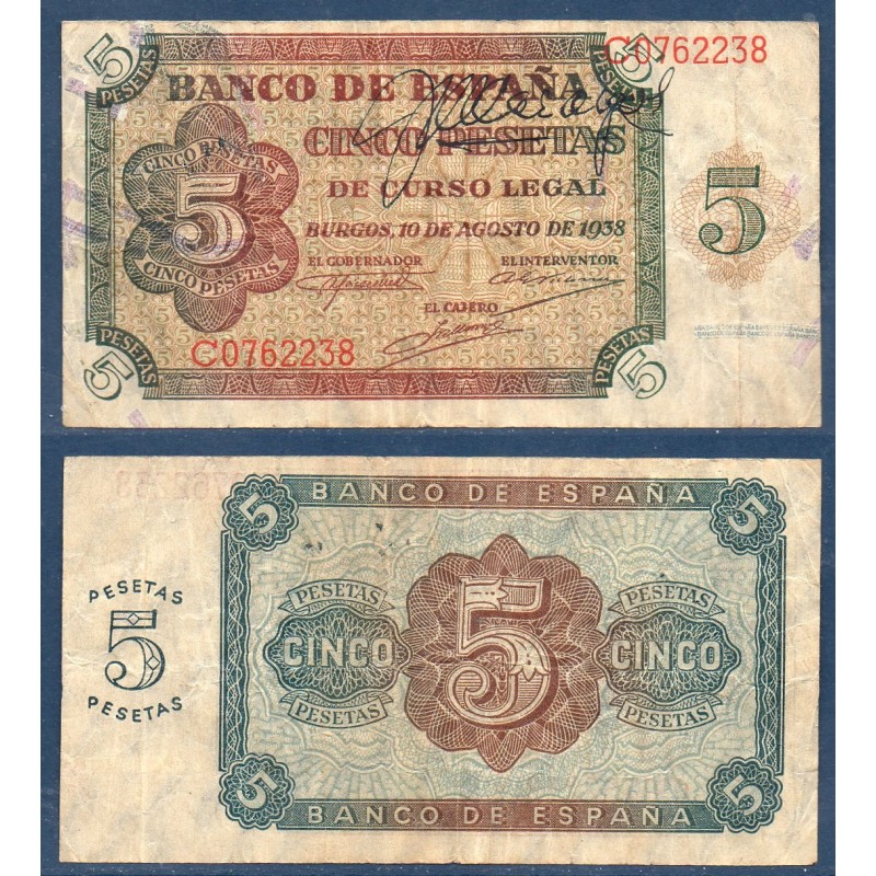 Espagne P.110, TB signé, Billet de 5 peseta 10.8.1938 Burgos