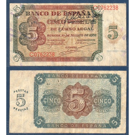 Espagne Pick N°110, TB signé, Billet de banque de 5 peseta 10.8.1938