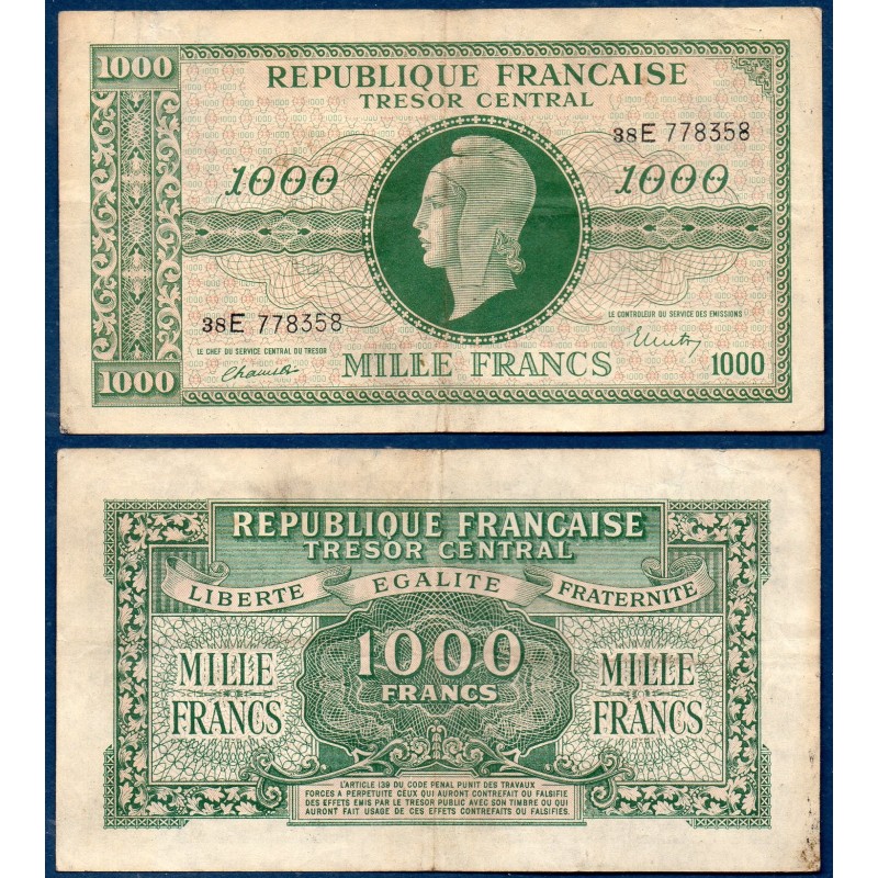 1000 Francs Marianne, TB+, 1945 série E Billet du trésor Central