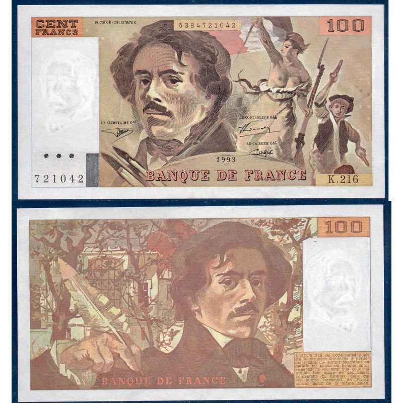 100 Francs Delacroix, Sup, 1993 Billet de la banque de France