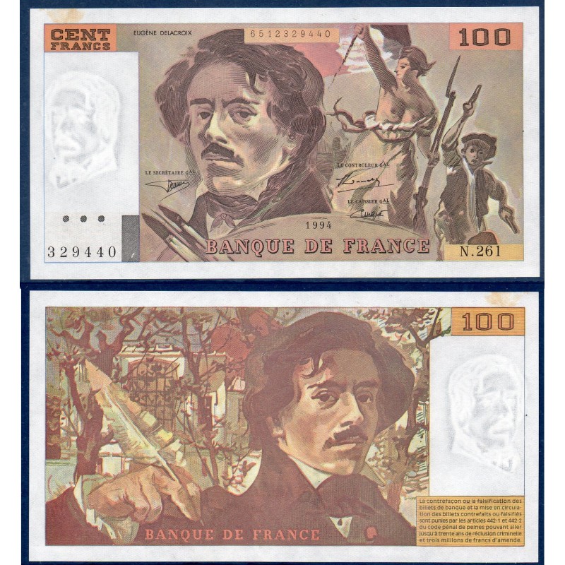 100 Francs Delacroix, Sup+, 1994 Billet de la banque de France