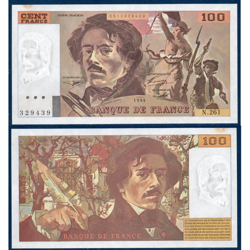 100 Francs Delacroix, Sup+, 1994 Billet de la banque de France