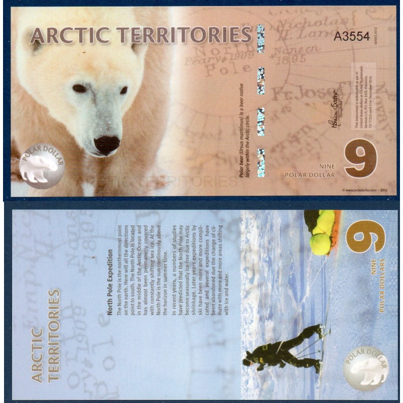 Arctic territories, Billet de 9 polar dollars 2012 gros ours