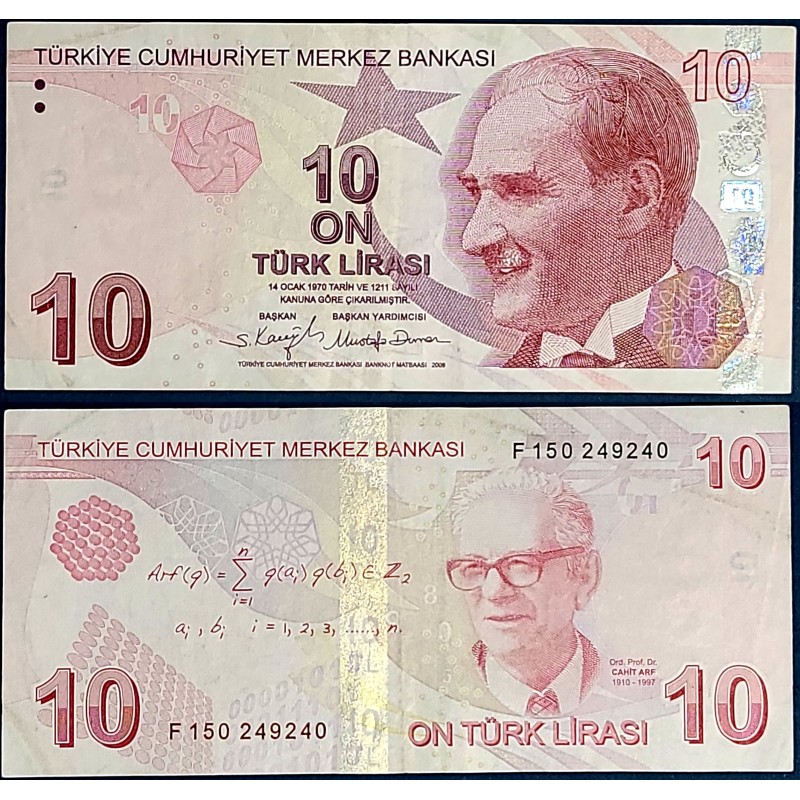 Turquie P.223e, TTB, Billet de 10 Lira 2009 Cahit Arf