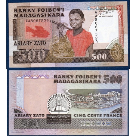 Madagascar P.71a, Spl Billet de 500 Francs - 100 ariary 1988 pecheur