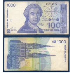 Croatie P.22a, TB Billet de 1000 Dinara 1991 bleu Boskovic