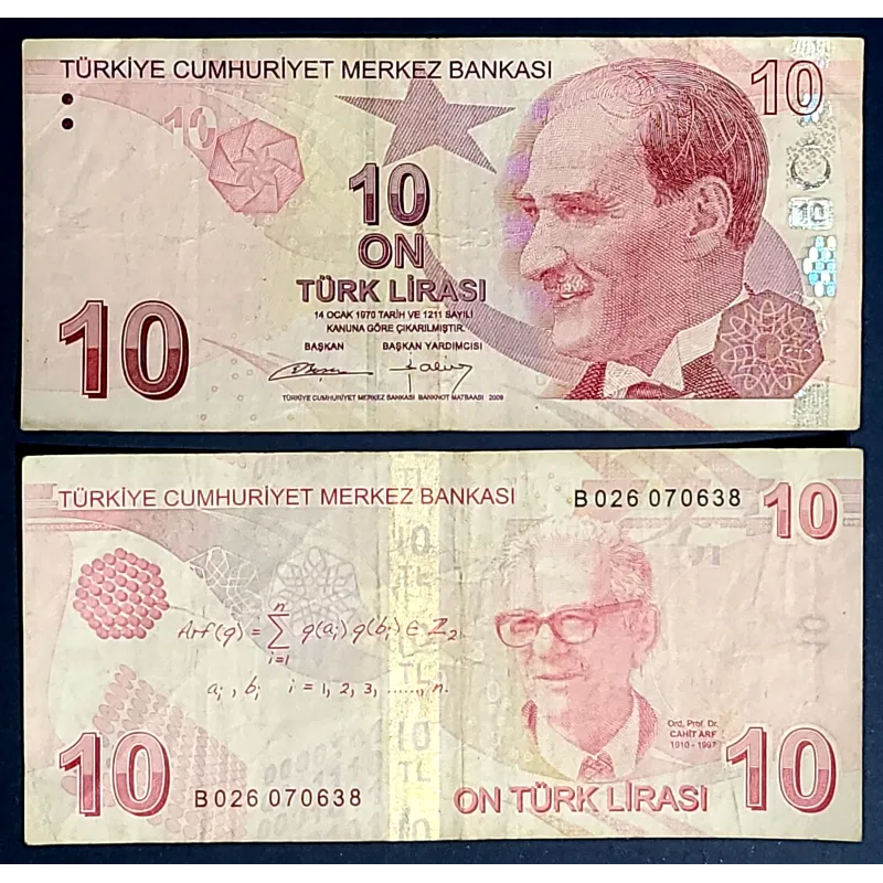 Turquie P.223b, TB Billet de 10 Lira 2009 Cahit Arf