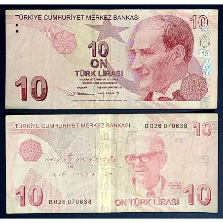 Turquie P.223b, TB Billet de 10 Lira 2009 Cahit Arf