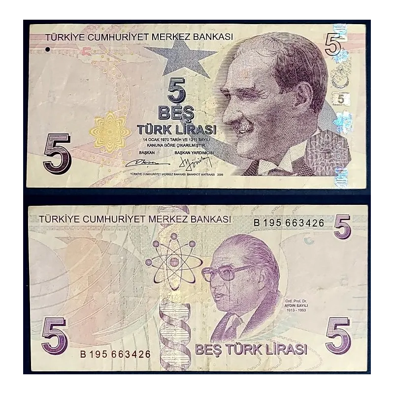 Turquie P.222b, TB Billet de 5 Lira 2009 Aydin Sayili