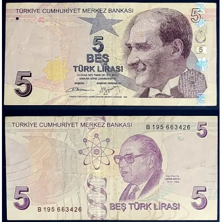 Turquie P.222b, TB Billet de 5 Lira 2009 Aydin Sayili