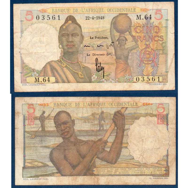 AOF P.36a, TB Billet de 5 Francs 27.12.1948 pirogue