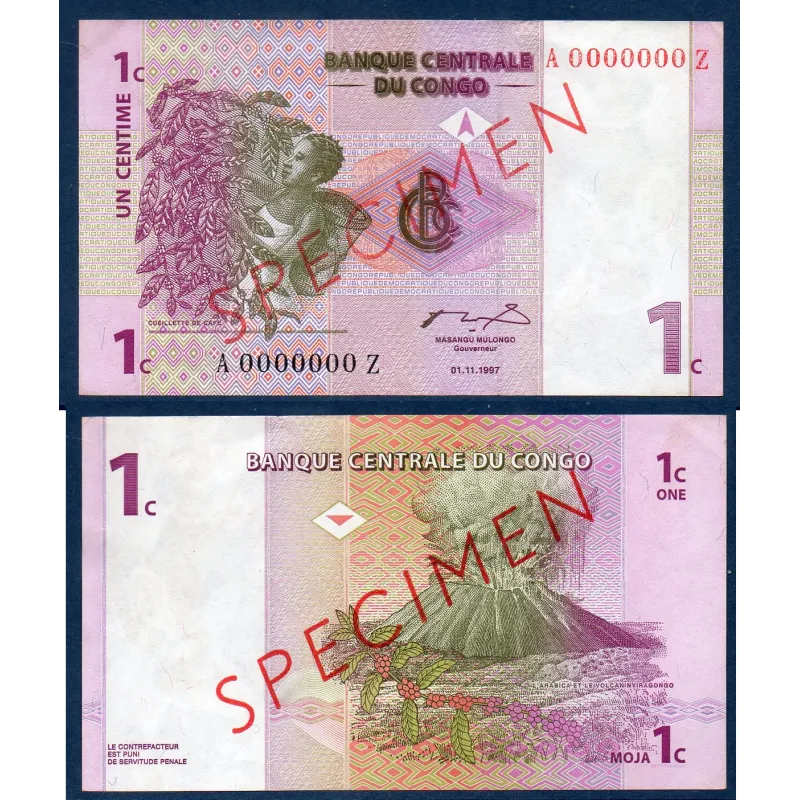 Congo P.80s, Neuf, Billet de 1 centime 1997 Spécimen