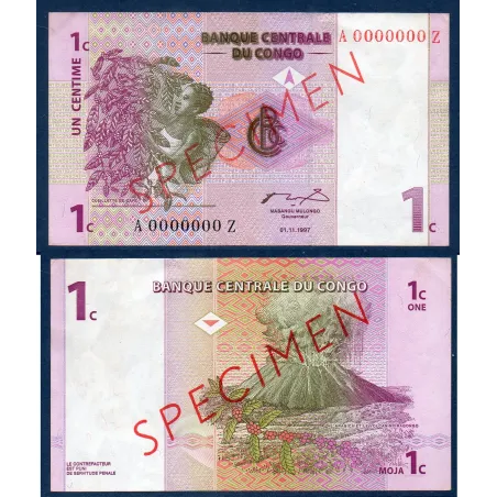 Congo P.80s, Neuf, Billet de 1 centime 1997 Spécimen