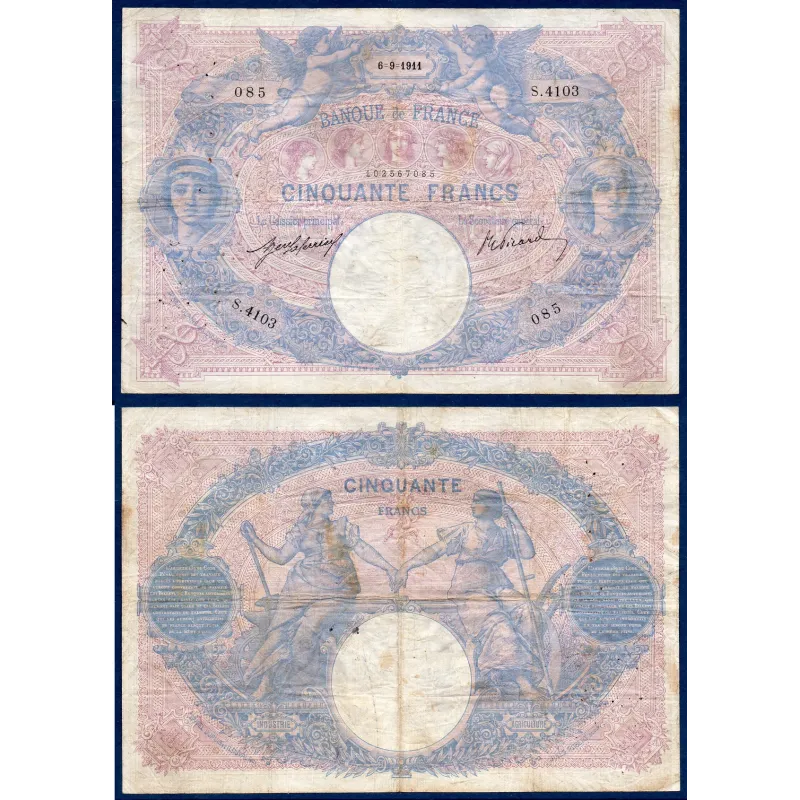 50 Francs Bleu et Rose, TB-, 6.9.1911 Billet de la banque de France