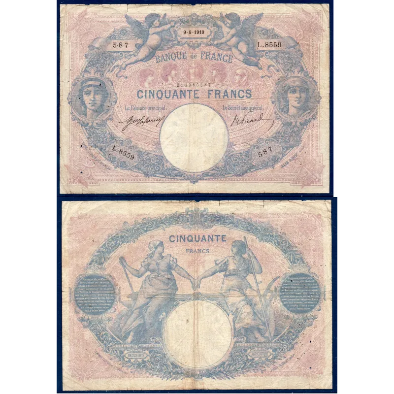 50 Francs Bleu et Rose, B, 9.8.1919 Billet de la banque de France