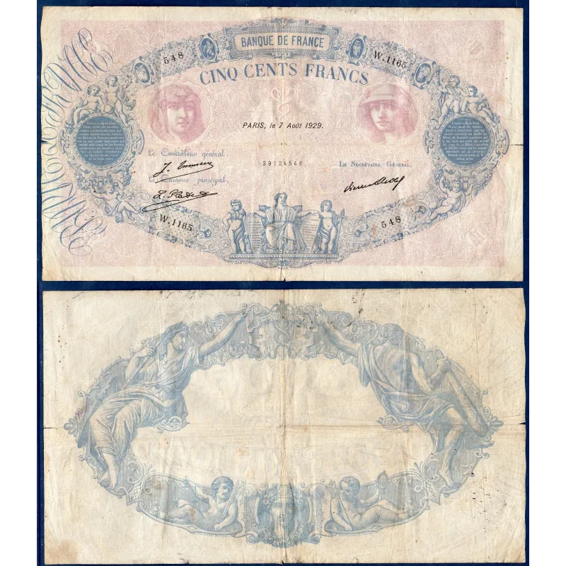 500 Francs Bleu et Rose, TB-, 7.8.1929 Billet de la banque de France