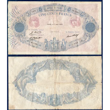 500 Francs Bleu et Rose, TB-, 7.8.1929 Billet de la banque de France