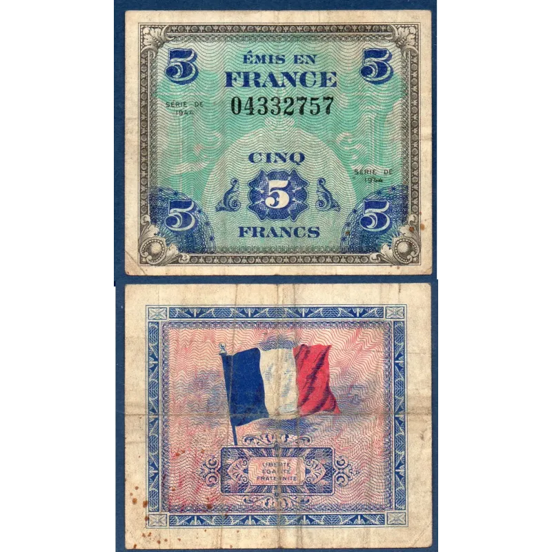 5 Francs Drapeau, TB, 1944 sans série Billet du trésor Central