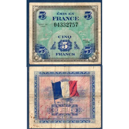 5 Francs Drapeau, TB, 1944 sans série Billet du trésor Central