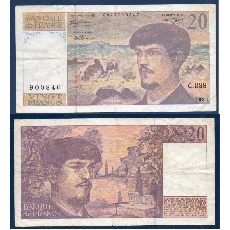 20 Francs Debussy, TB, 1993 Billet de la banque de France