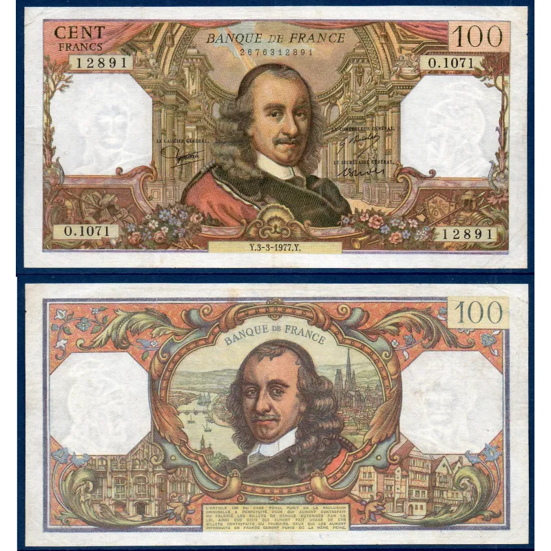 100 Francs Corneille, TTB, 3.3.1977 Billet de la banque de France