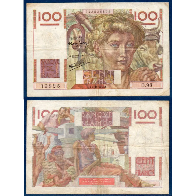 100 Francs Jeune Paysan, TB, 3.10.1946 Billet de la banque de France