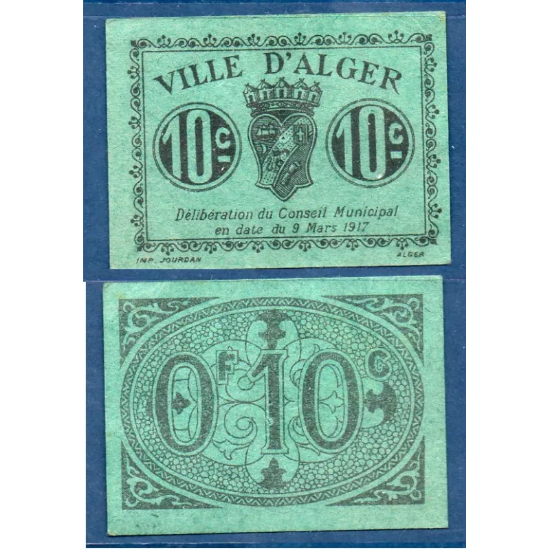 10 centimes bleu Ville d'Alger 9.3.1917, Sup, Pirot absent