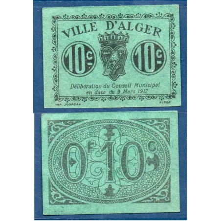 10 centimes bleu Ville d'Alger 9.3.1917, Sup, Pirot absent