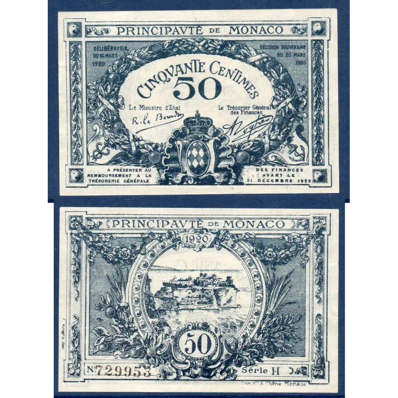 Monaco P.3a, Sup Billet de 50 centimes 1920 Monte Carlo