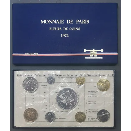 Coffret FDC Fleur de coin France 1974 avec rebord pièces de monnaies en Franc