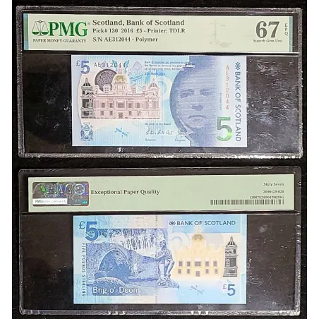 Ecosse P.130a, Neuf PMG EPQ67 Billet de 5 pounds 2016 Walter Scott