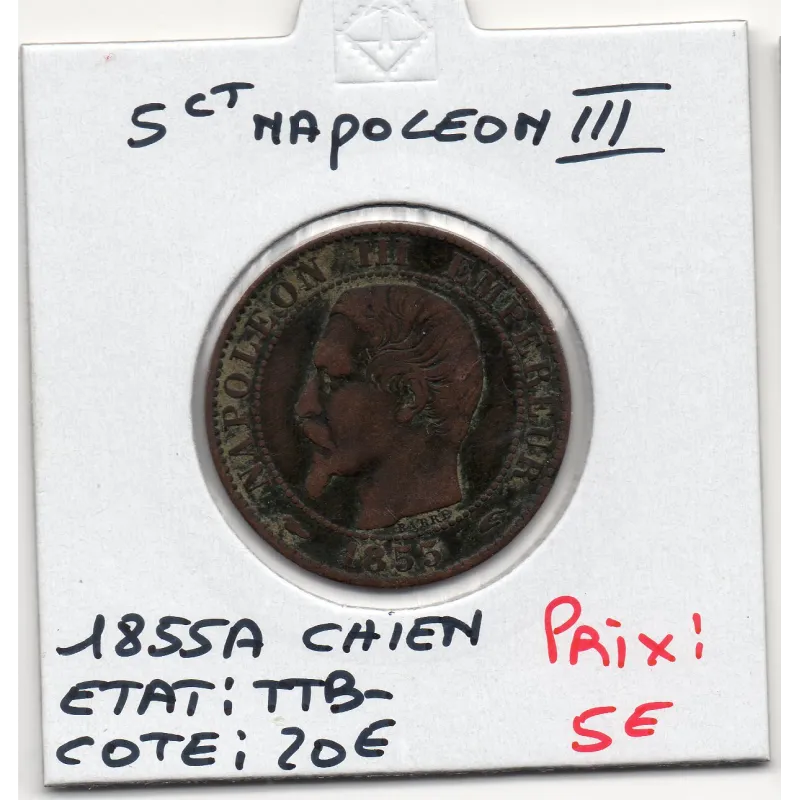 5 centimes Napoléon III tête nue 1855 A Chien Paris TTB-, France pièce de monnaie