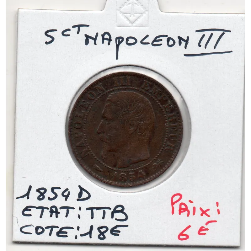 5 centimes Napoléon III tête nue 1854 D Lyon TTB, France pièce de monnaie