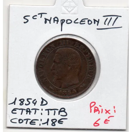 5 centimes Napoléon III tête nue 1854 D Lyon TTB, France pièce de monnaie