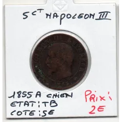 5 centimes Napoléon III tête nue 1855 A Chien Paris TB, France pièce de monnaie