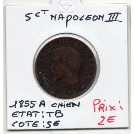 5 centimes Napoléon III tête nue 1855 A Chien Paris TB, France pièce de monnaie