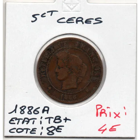 5 centimes Cérès 1886 A Paris TB+, France pièce de monnaie