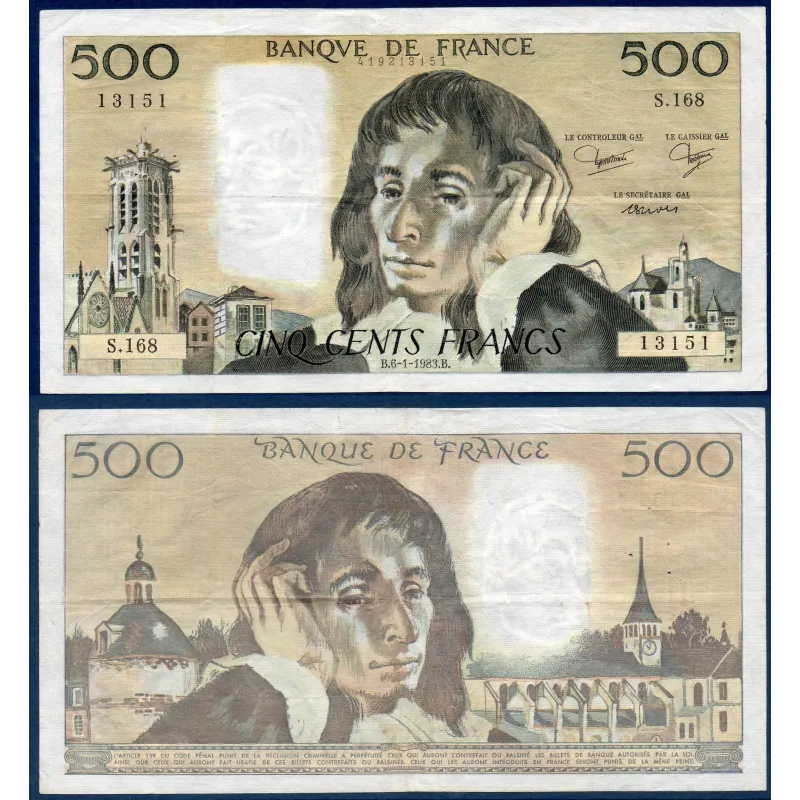 500 Francs Pascal, TTB+, 6.1.1983 Billet de la banque de France