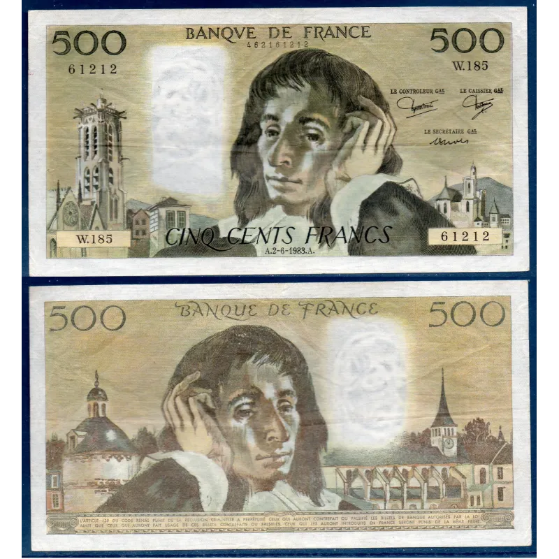 500 Francs Pascal, TTB, 2.6.1983 Billet de la banque de France