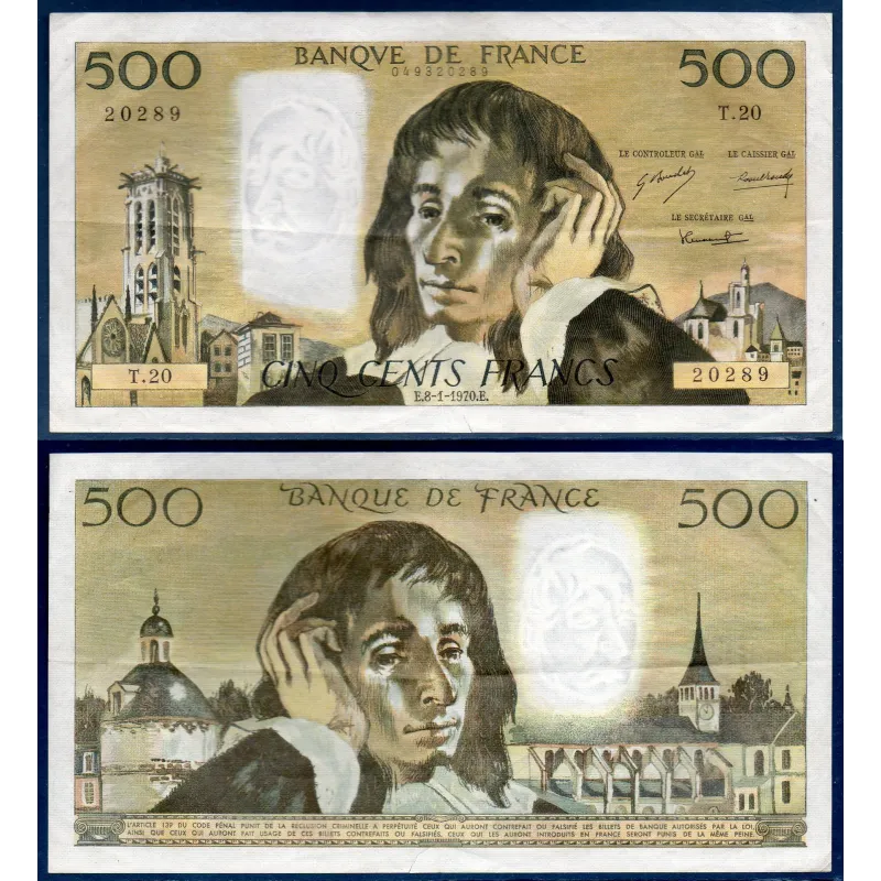 500 Francs Pascal, TTB-, 8.1.1970 Billet de la banque de France