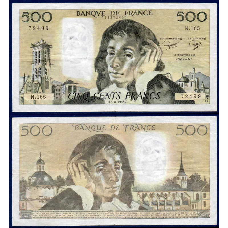 500 Francs Pascal, TTB, 5.8.1982 Billet de la banque de France