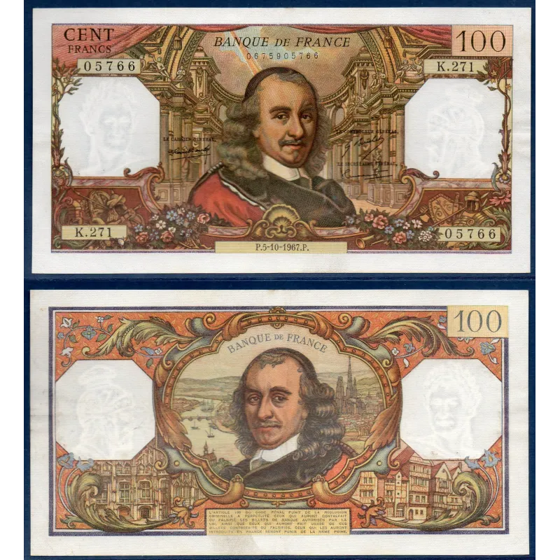 100 Francs Corneille, TTB+, 5.10.1967 Billet de la banque de France